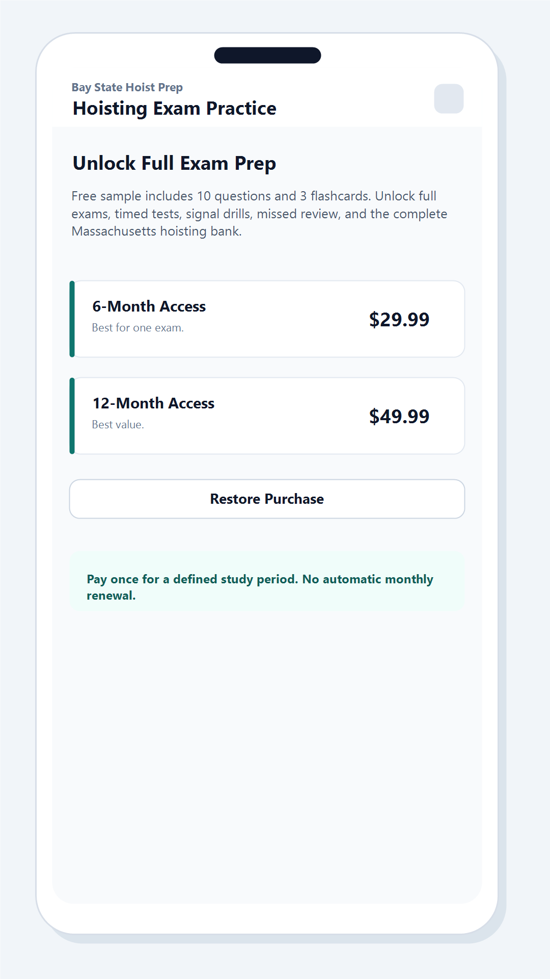 Bay State Hoist Prep access plans screen